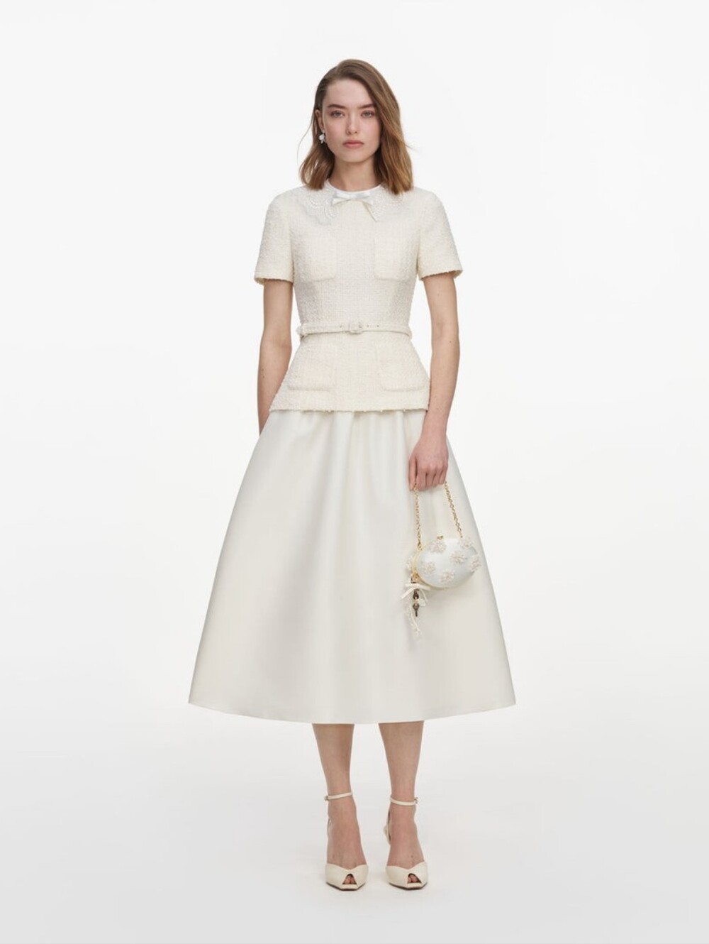 Self Portrait Cream Boucle Taffeta Midi Dress